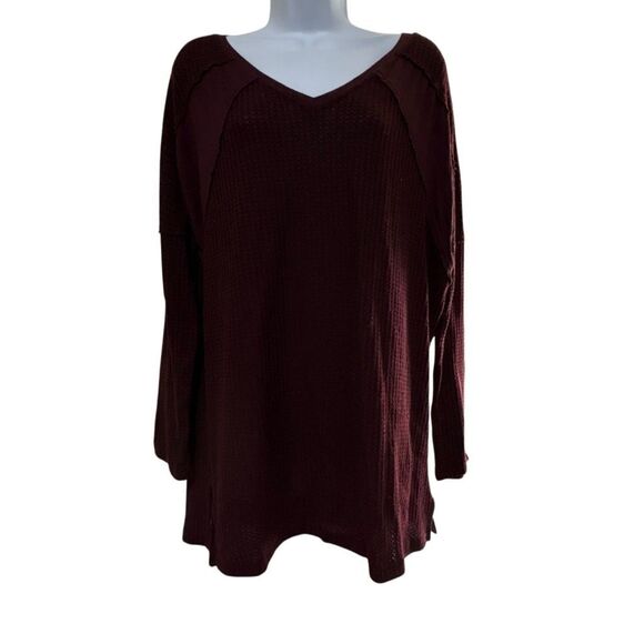 Weekend Suzanne Betro Burgundy Waffle Knit Long Sleeve V Neck Pullover Top Large - Picture 1 of 8